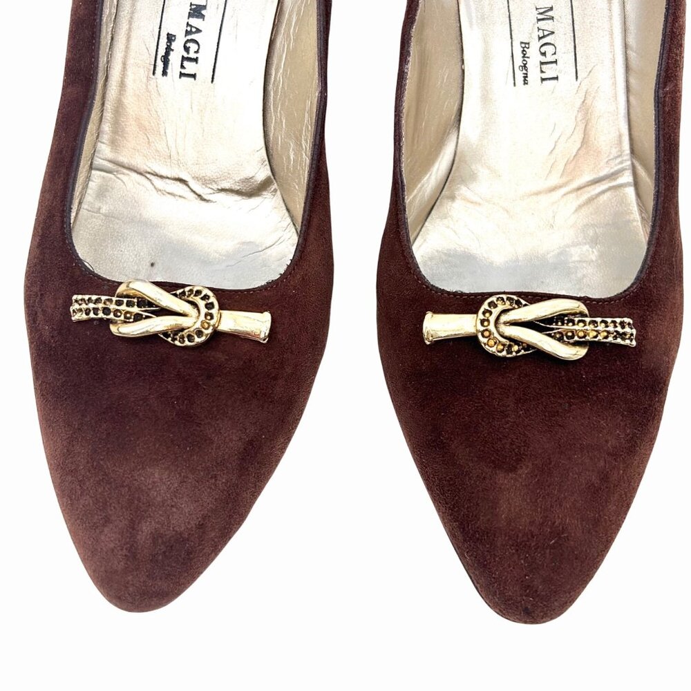 VINTAGE BRUNO MAGLI 80'S BROWN SUEDE PUMPS w GOLD METAL DETAIL ITALIAN 8 (7) - Picture 3 of 12